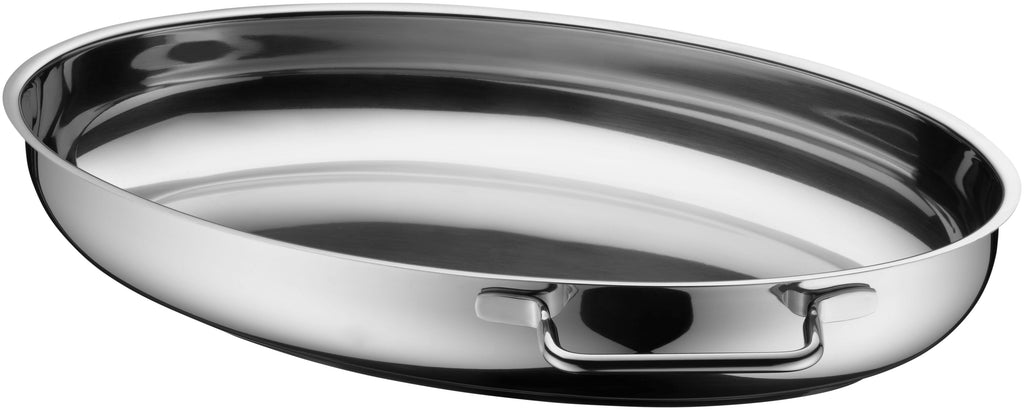 Sidevisning av Stekegryte oval rustfritt stål 8,5 L med lokk og steketermometer WMF