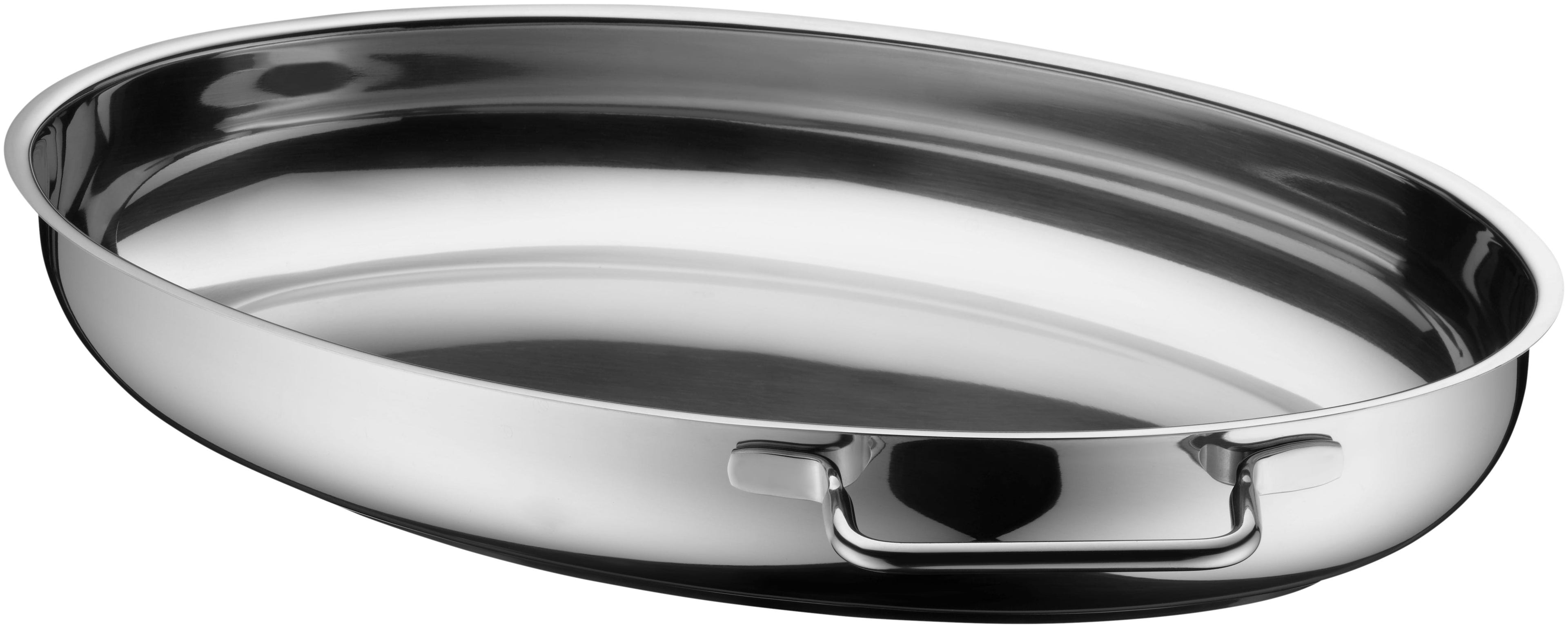 Sidevisning av Stekegryte oval rustfritt stål 8,5 L med lokk og steketermometer WMF