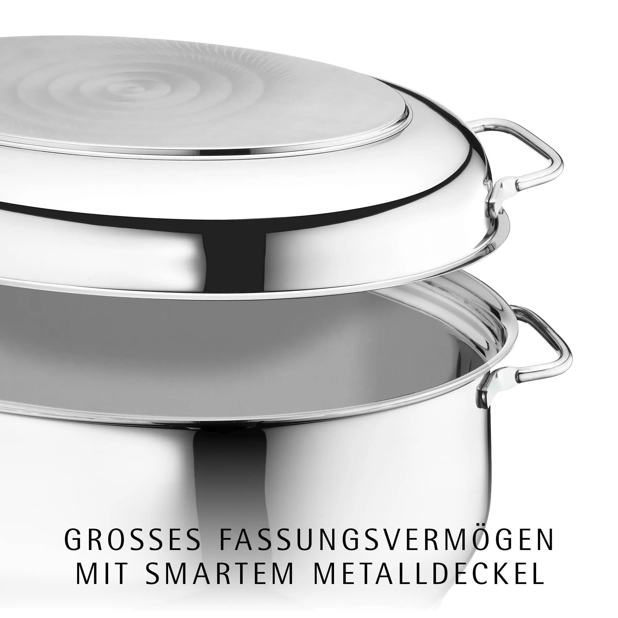 Oversiktsbilde av Stekegryte oval rustfritt stål 8,5 L med lokk og steketermometer WMF