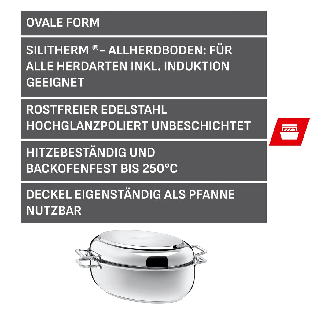 Stekegryte oval rustfritt stål 8,5 L med lokk induksjon - Silit med mat servert