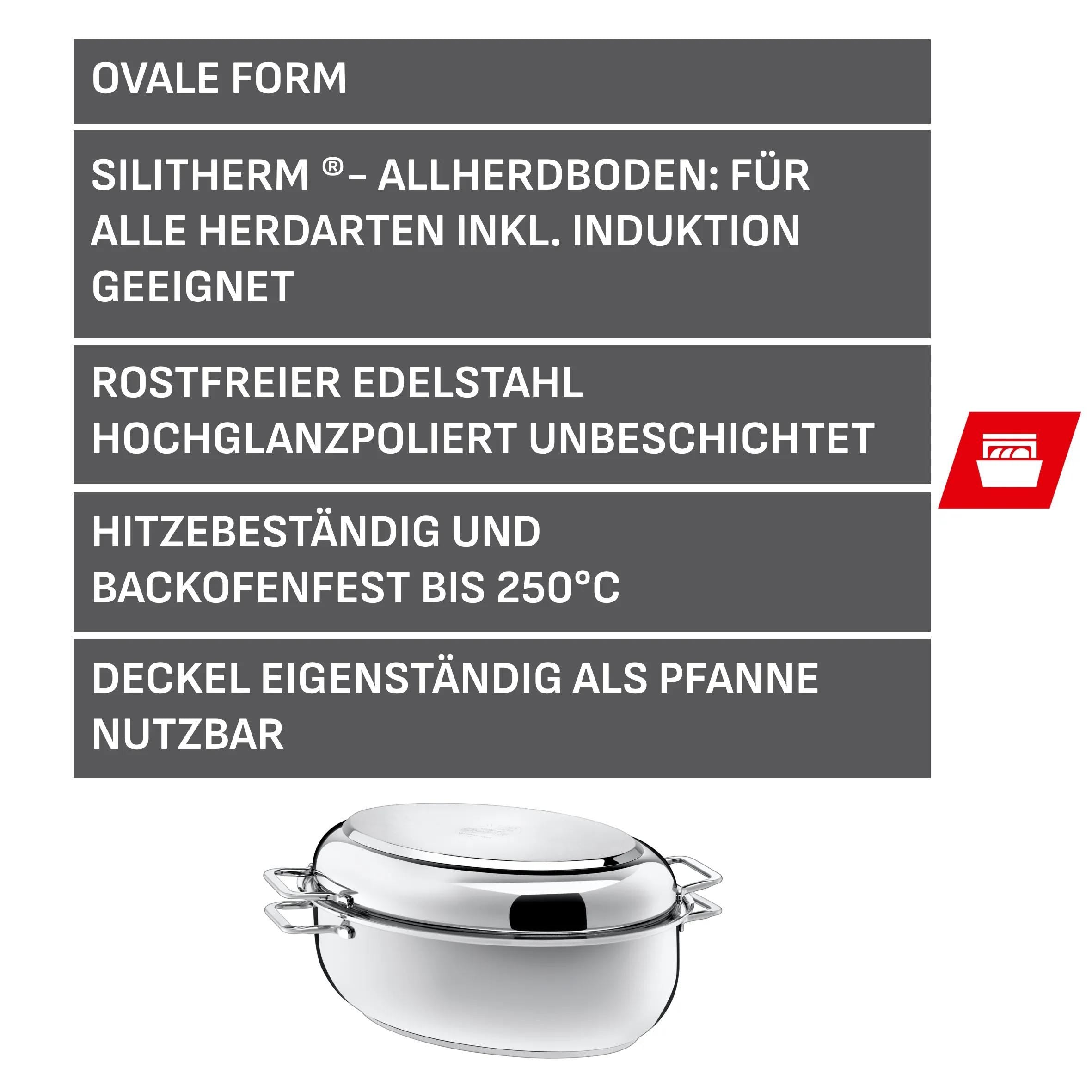 Stekegryte oval rustfritt stål 8,5 L med lokk induksjon - Silit med mat servert