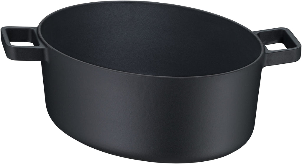 Stekegryte oval støpejern 33 x 26 cm 8,6 L med lokk - WMF sett fra siden