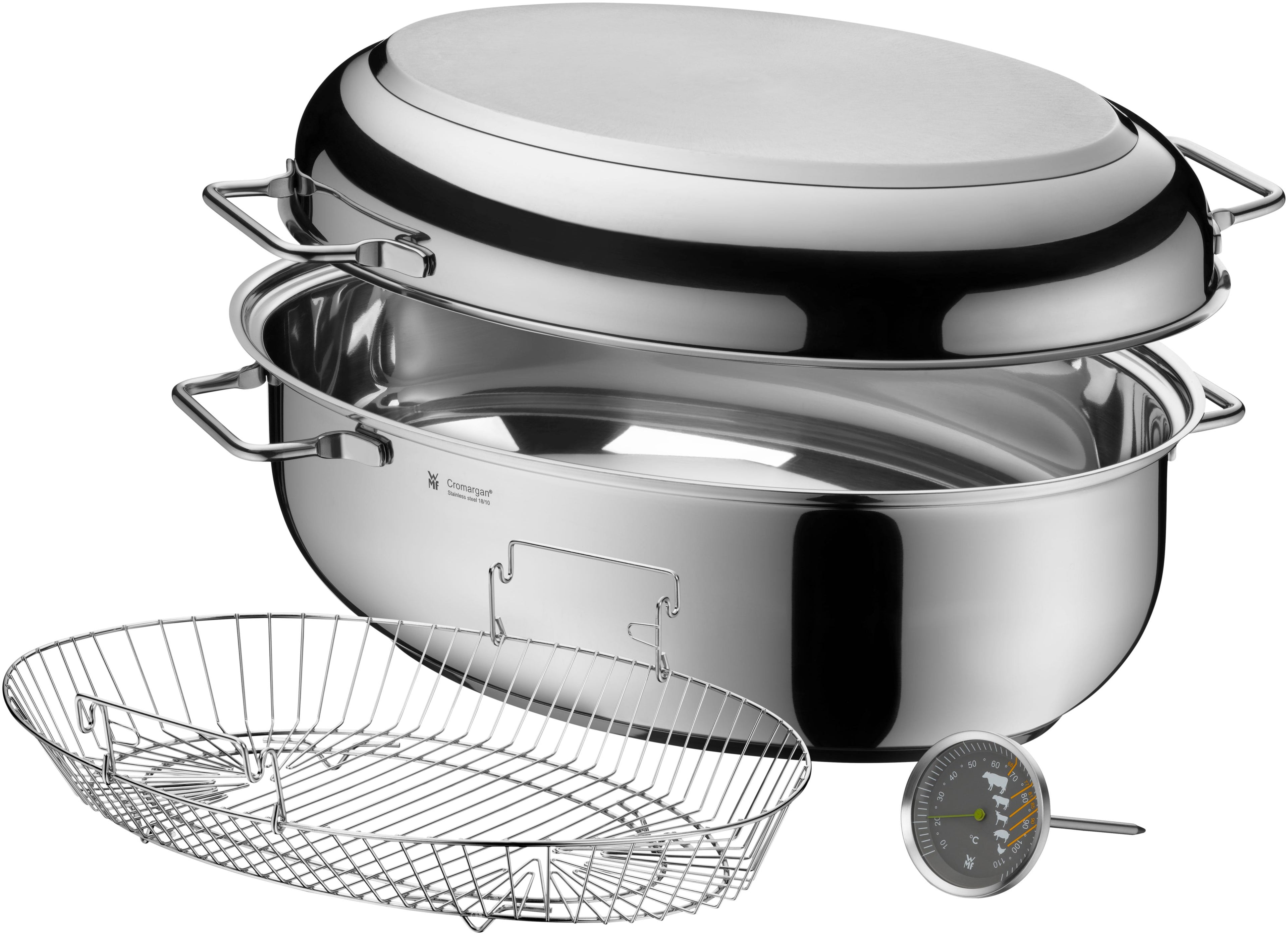 Stekegryte rustfritt stål 8,5 L med lokk, rist og steketermometer WMF bakside