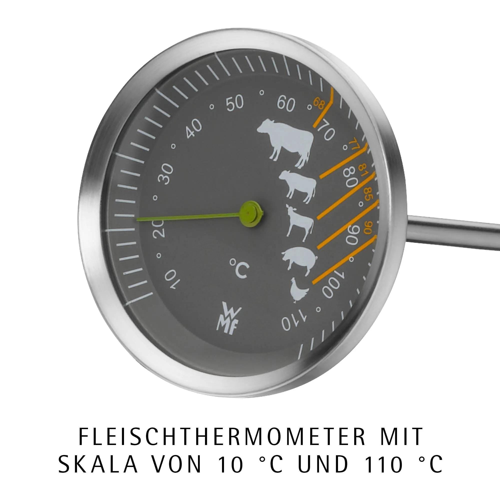 Sidevisning av Stekegryte rustfritt stål 8,5 L med lokk, rist og steketermometer WMF
