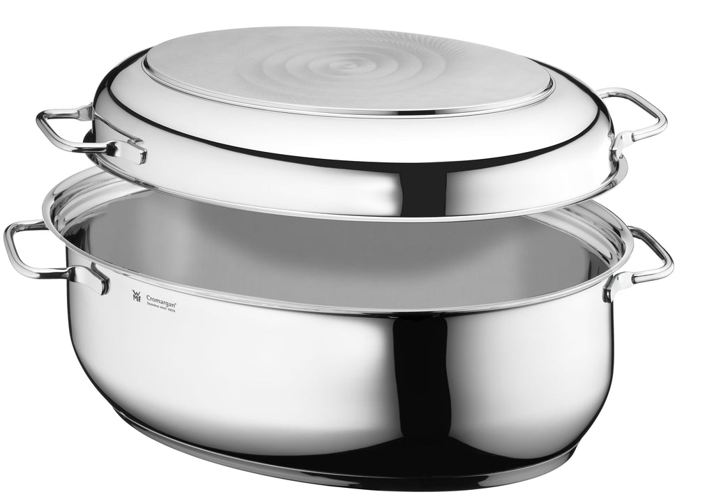 Stekegryte rustfritt stål 8,5 L med metallokk 40,8 cm - WMF bakside