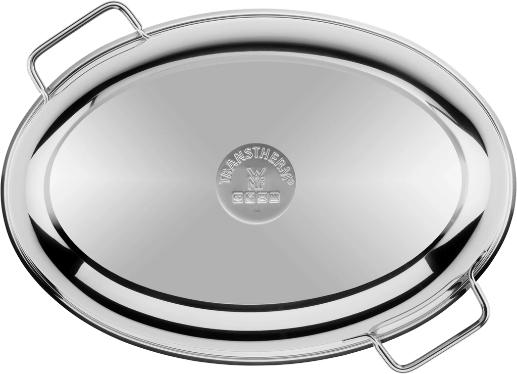 Stekegryte rustfritt stål 8,5 L med metallokk 40,8 cm - WMF montert på komfyr