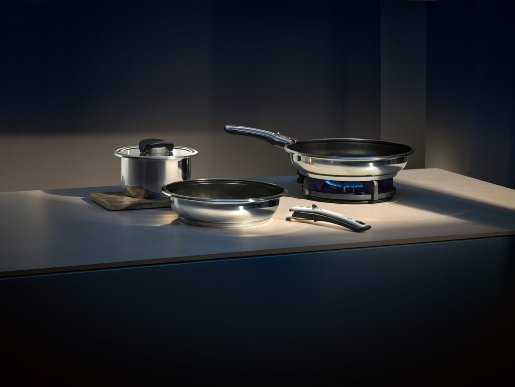 Håndtakets festemekanisme på Stekepanne 28 cm non-stick avtakbart håndtak rustfritt stål