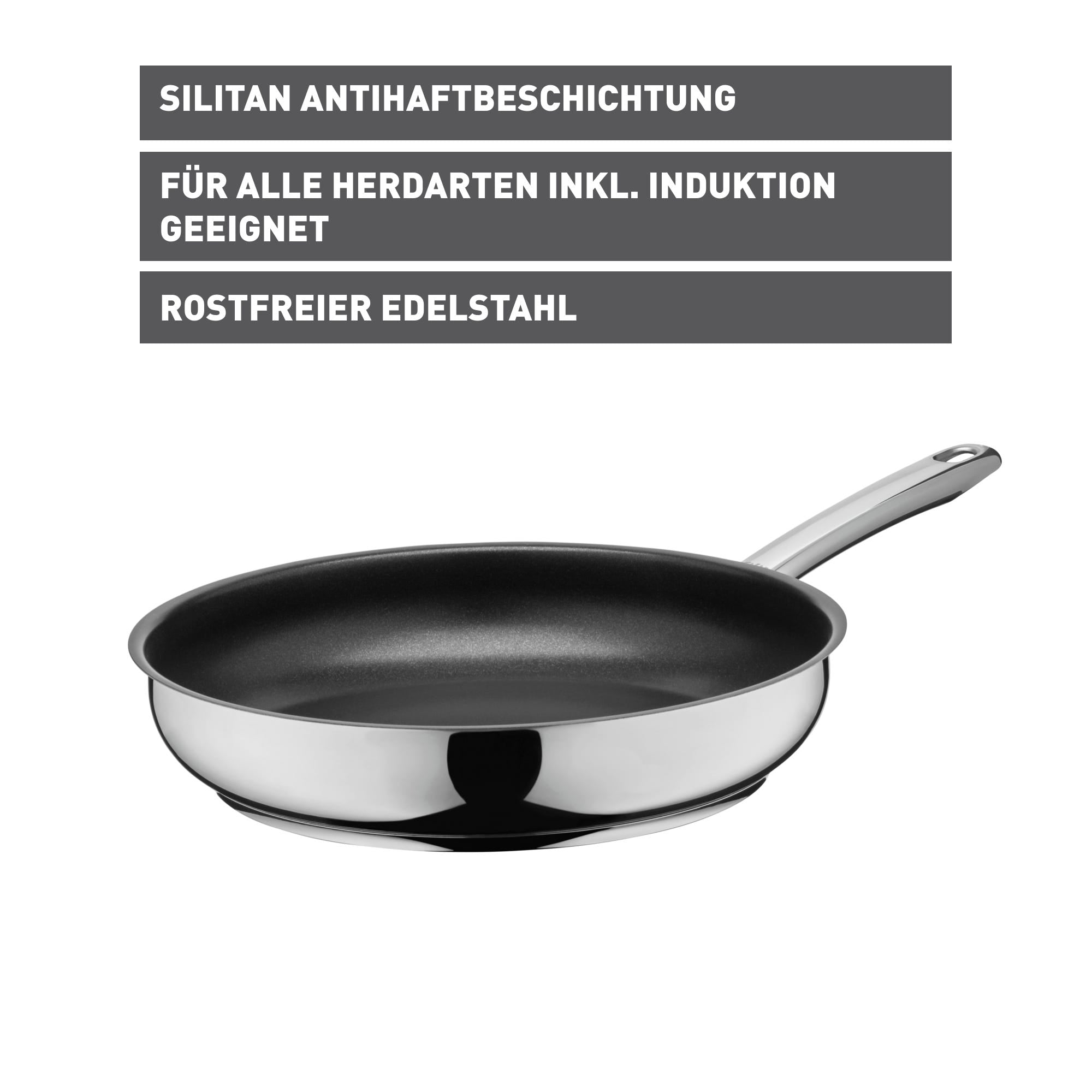 Nærbilde av håndtak på Stekepanne Calabria 28 cm rustfritt stål non-stick