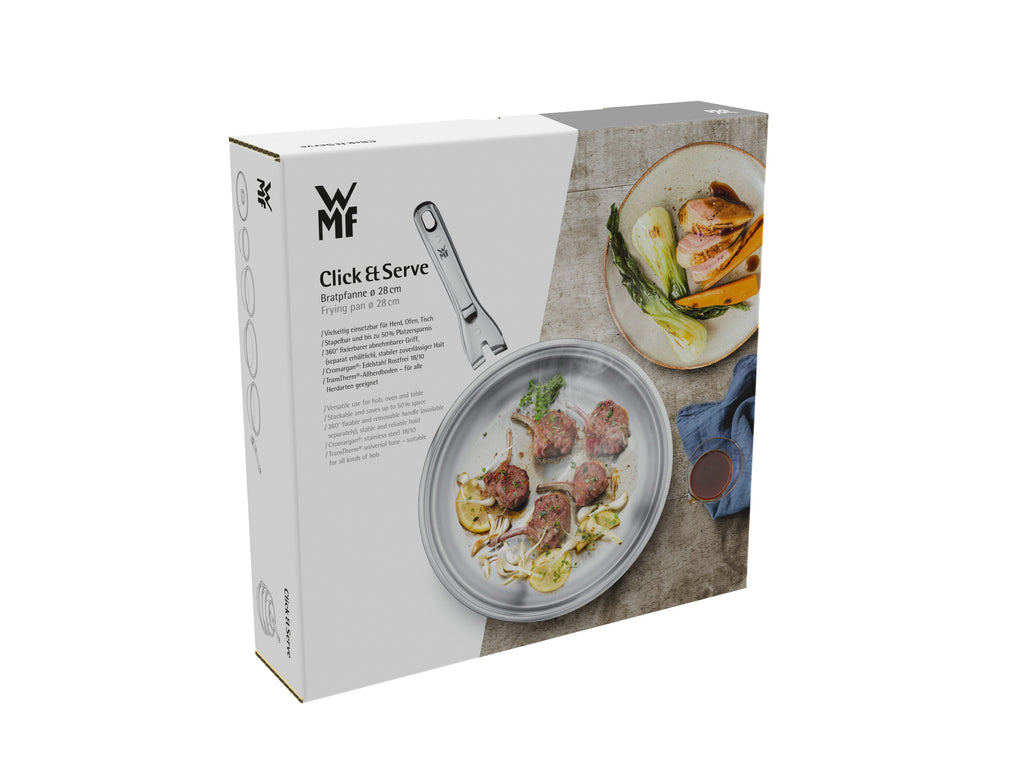 Stekepanne Click&Serve 28 cm rustfritt stål nærbilde av helletut