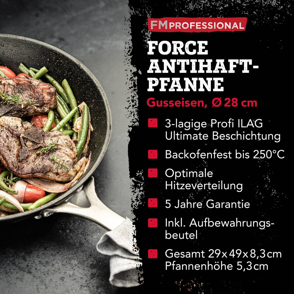 Stekepanne Force Ø28 cm støpejern non-stick - FMprofessional med mat