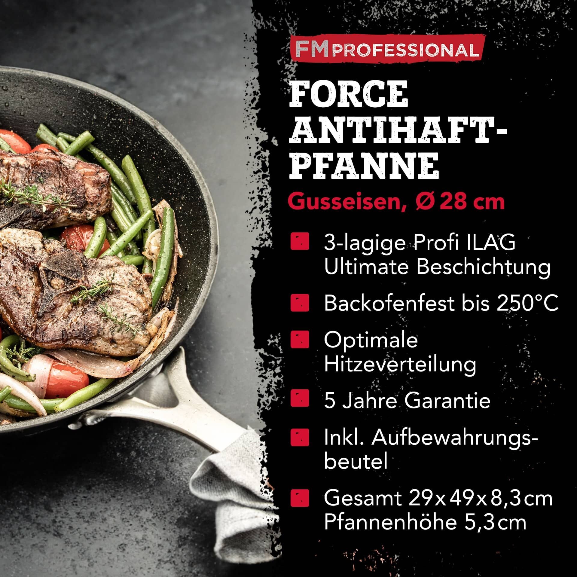 Stekepanne Force Ø28 cm støpejern non-stick - FMprofessional med mat