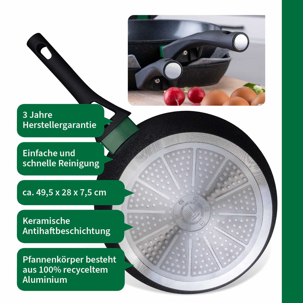Nærbilde av silikonhåndtak på Stekepanne keramisk non-stick Ø28 cm resirkulert aluminium