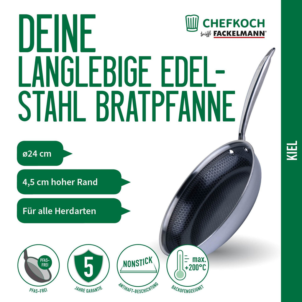 Nærbilde av håndtak på Stekepanne Kiel rustfritt stål non-stick vabemønster Ø24 cm