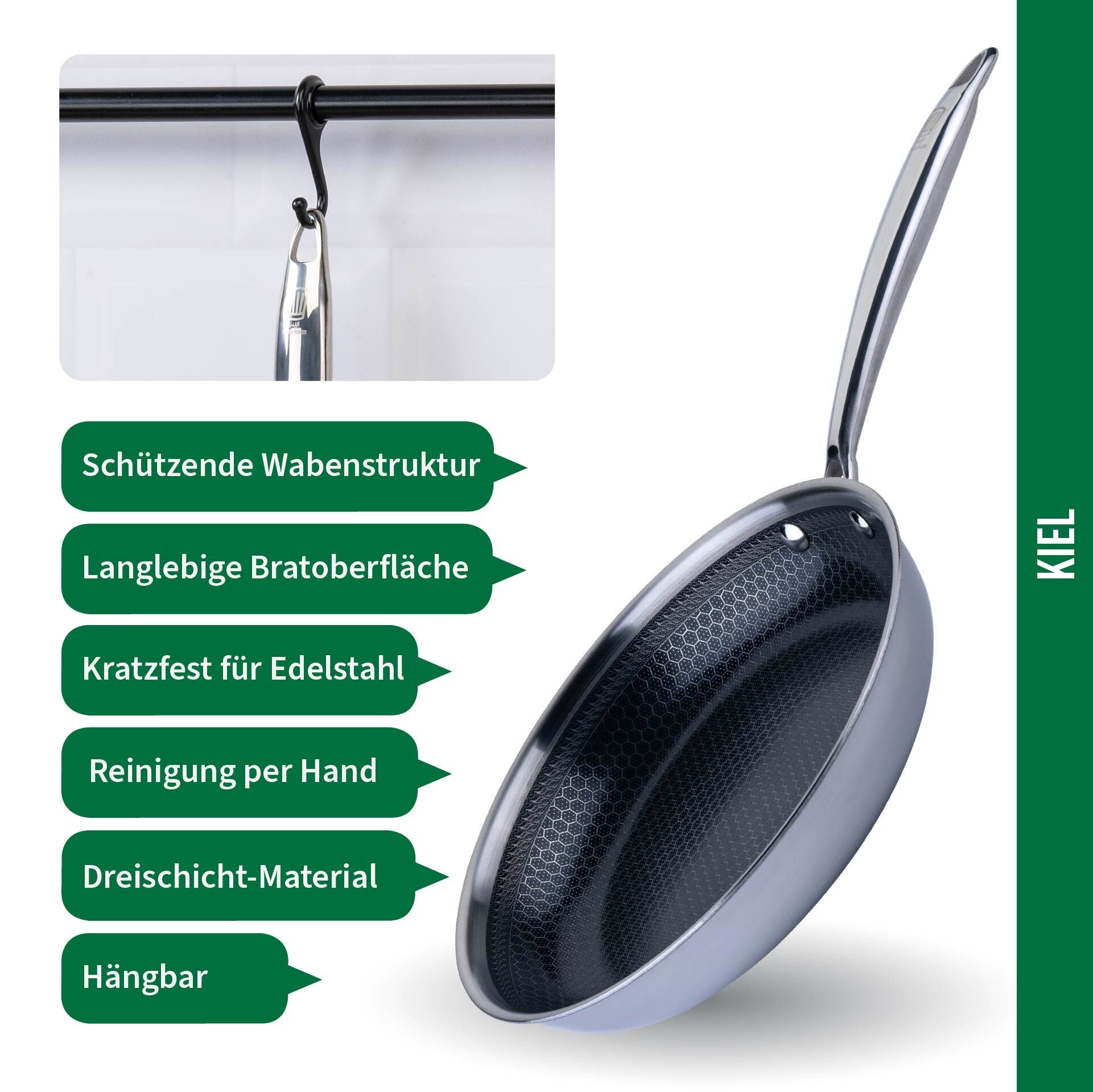 Stekepanne Kiel rustfritt stål non-stick vabemønster Ø24 cm sett ovenfra
