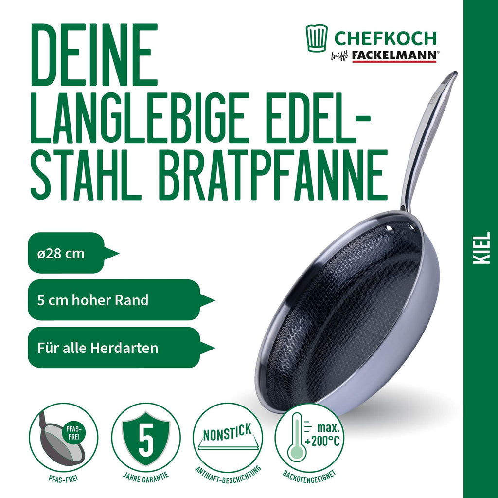Stekepanne Kiel rustfritt stål non-stick vabemønster Ø28 cm sideprofil