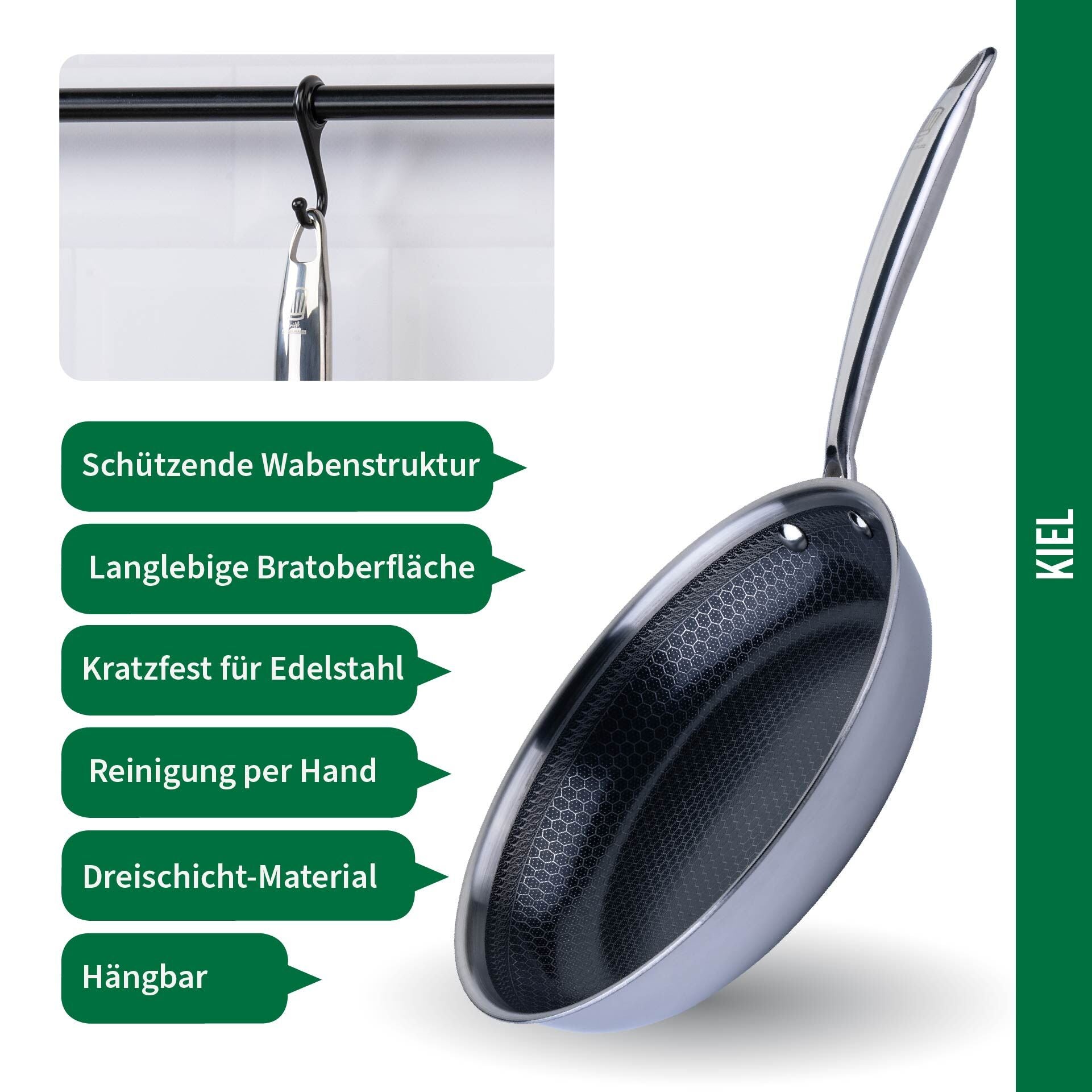 Stekepanne Kiel rustfritt stål non-stick vabemønster Ø28 cm i bruk med mat