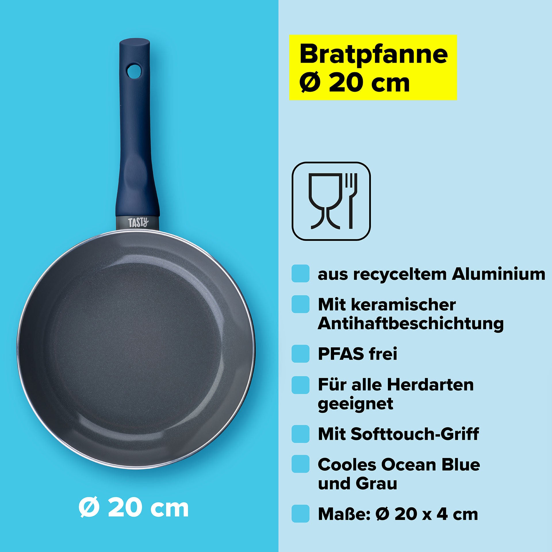 Stekepanne non-stick Ø20 cm aluminium Ocean Blue - Tasty softtouch-grep nærbilde