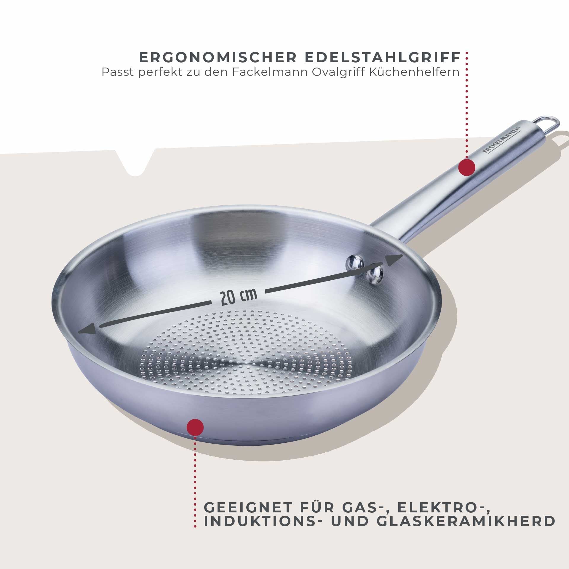 Detalj av ovalt håndtak på Stekepanne rustfritt stål Ø20 cm med ovalt håndtak