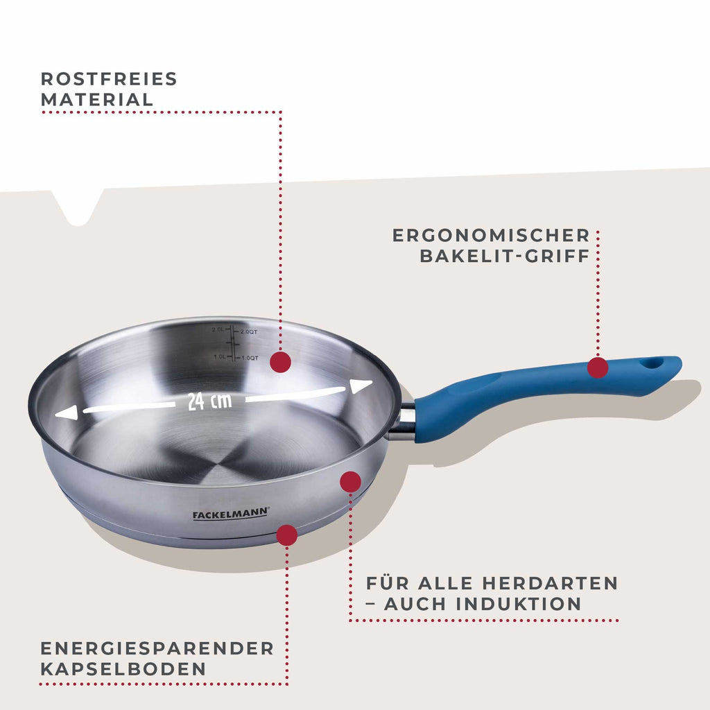 Detalj av håndtak på Stekepanne rustfritt stål Ø24 cm Essential blå - Fackelmann