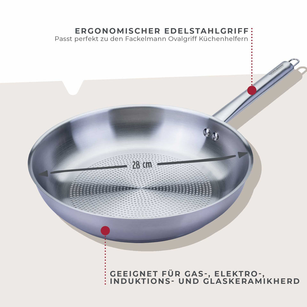 Detalj av ovalt håndtak på stekepanne rustfritt stål Ø28 cm med ovalt håndtak