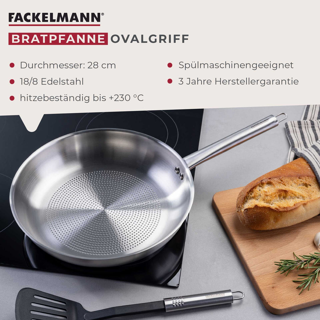 Nærbilde av stekepanne rustfritt stål Ø28 cm med ovalt håndtak i bruk