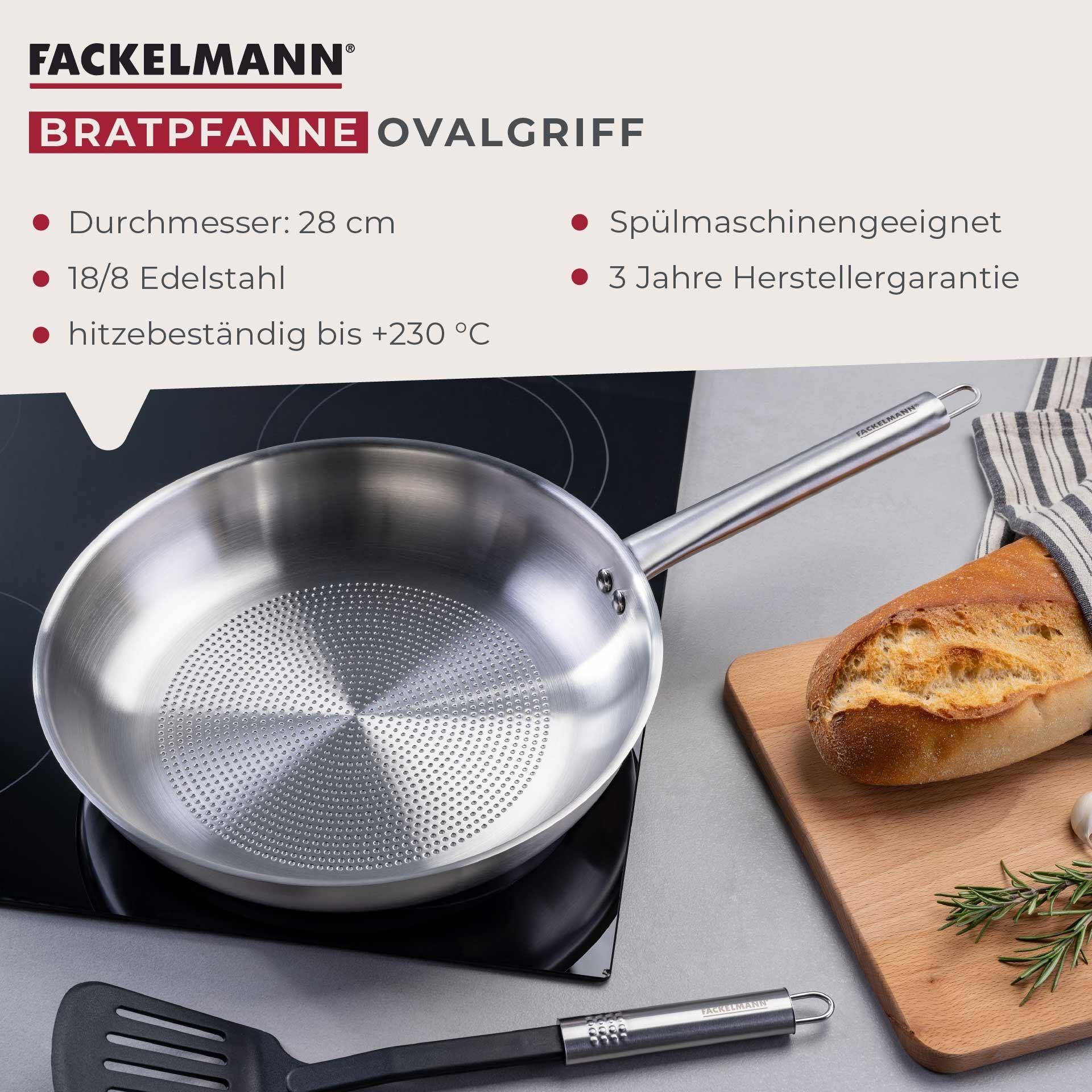 Nærbilde av stekepanne rustfritt stål Ø28 cm med ovalt håndtak i bruk