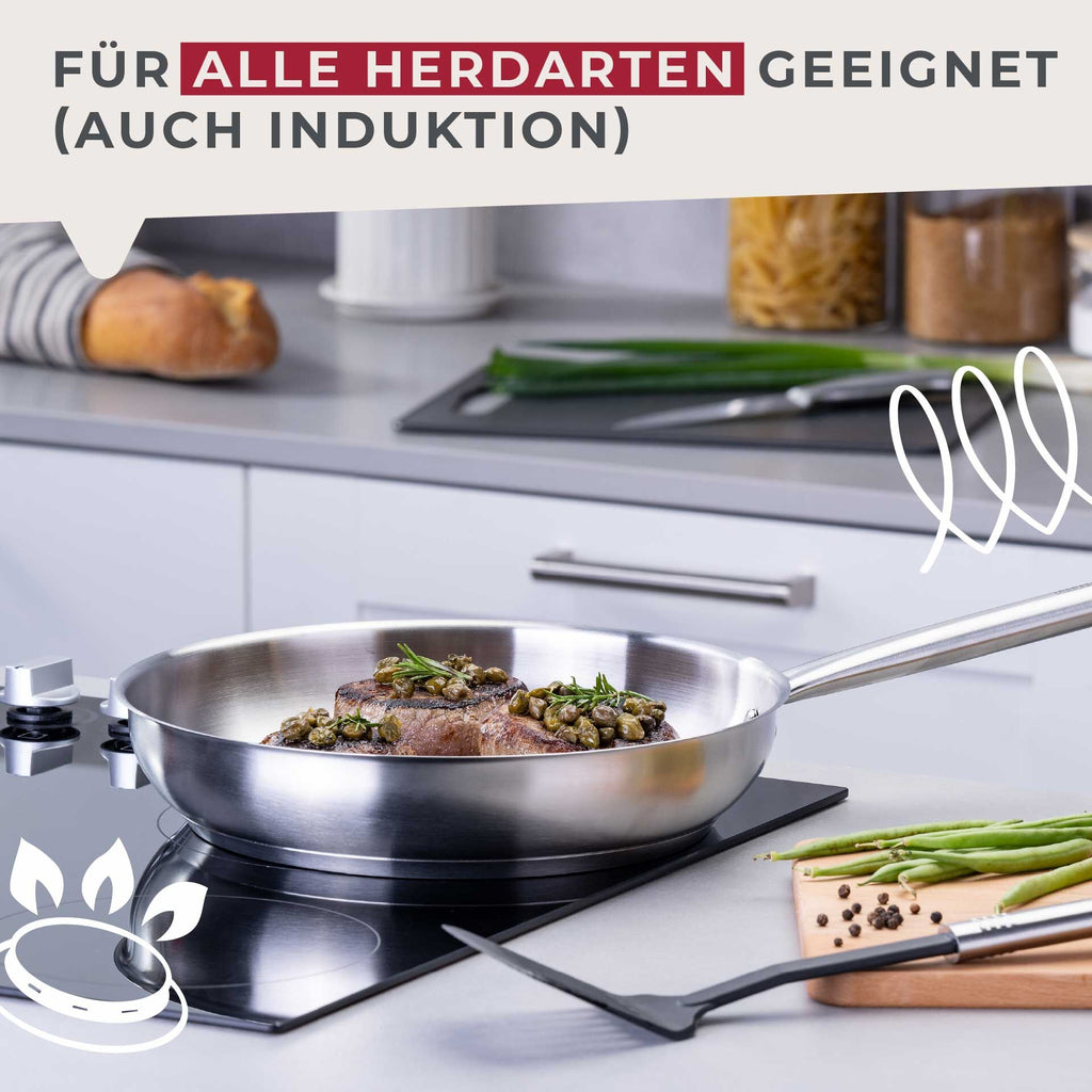 Oversikt av stekepanne rustfritt stål Ø28 cm med ovalt håndtak