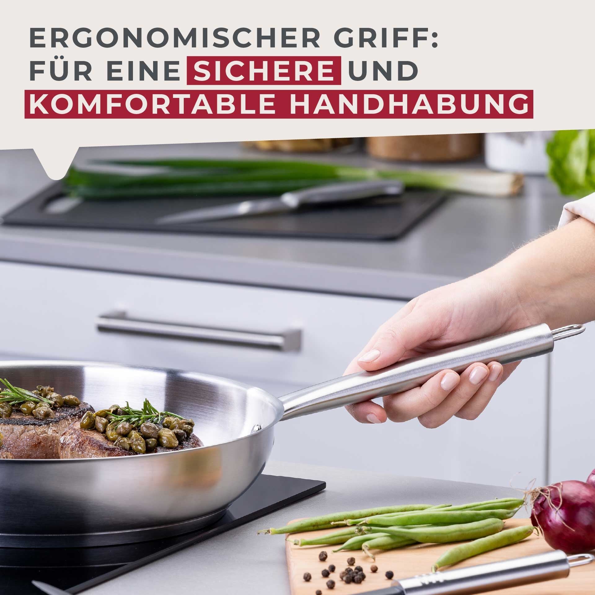 Stekepanne rustfritt stål Ø28 cm med ovalt håndtak sideprofil