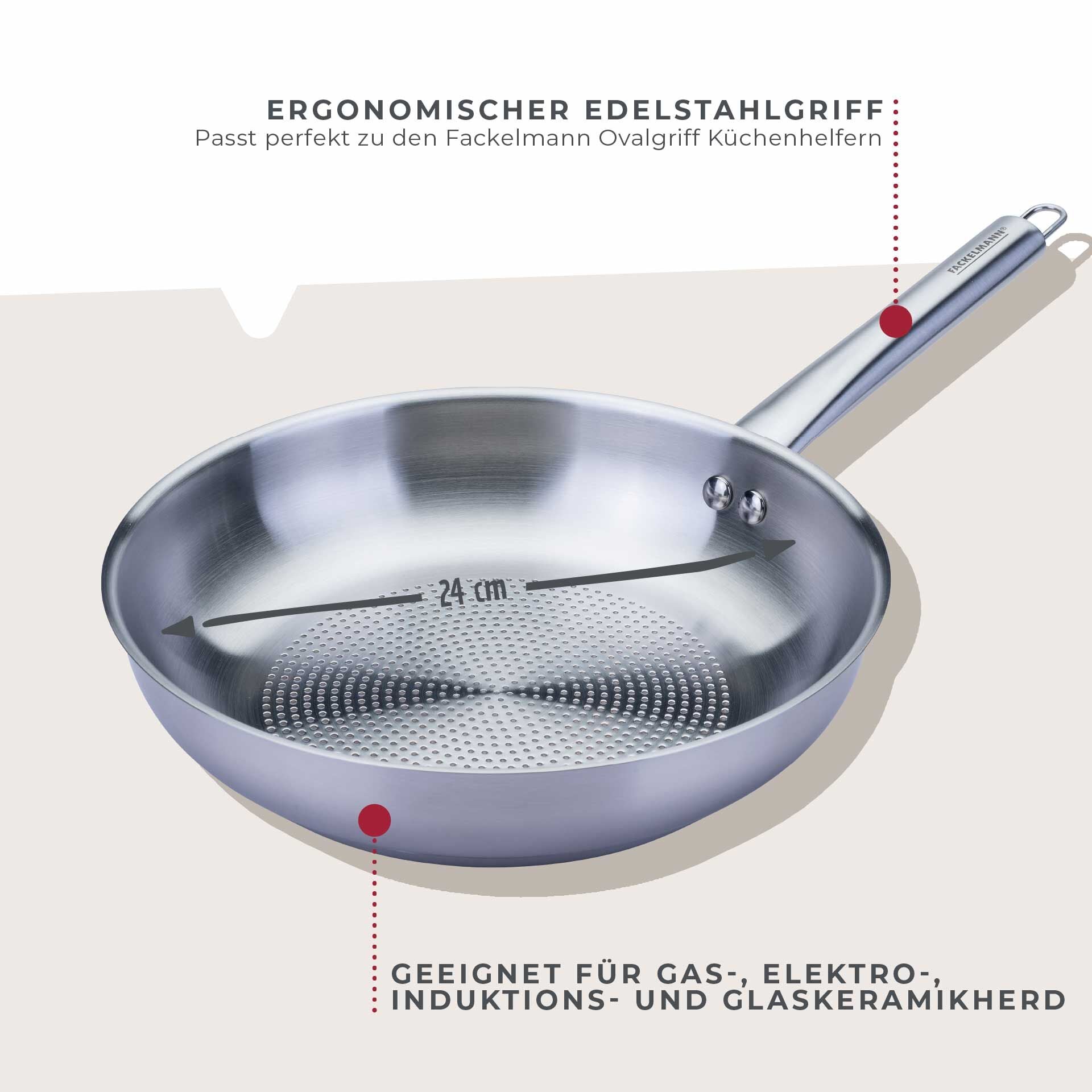 Detalj av ovalt håndtak på Stekepanne rustfritt stål Ø24 cm med ovalt håndtak - Fackelmann