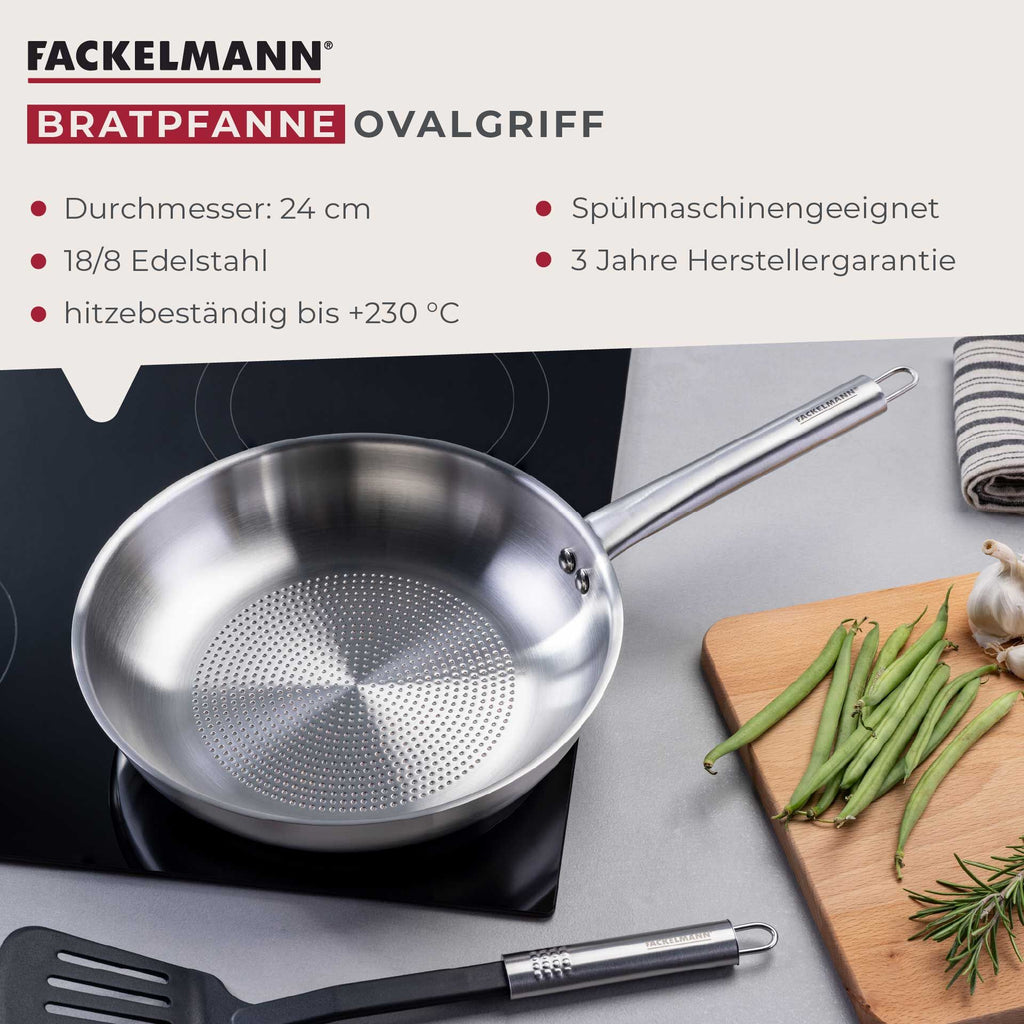 Nærbilde av stekeflaten på Stekepanne rustfritt stål Ø24 cm med ovalt håndtak - Fackelmann