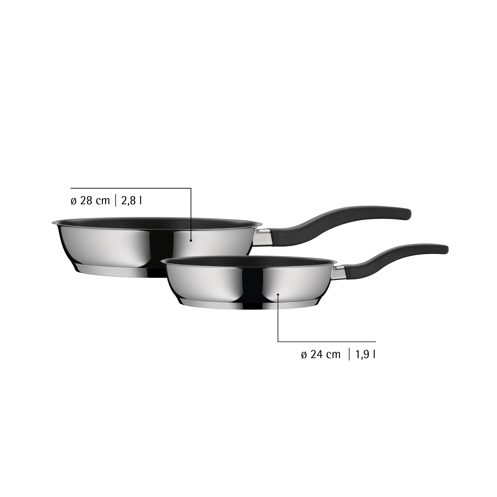 Stekepanne sett 2-delt rustfritt stål 24 og 28 cm non-stick i bruk på kokeplate