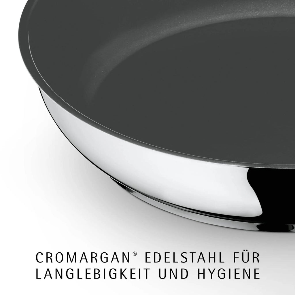 Stekepanne sett 2-delt rustfritt stål 24 og 28 cm non-stick håndtak nærbilde
