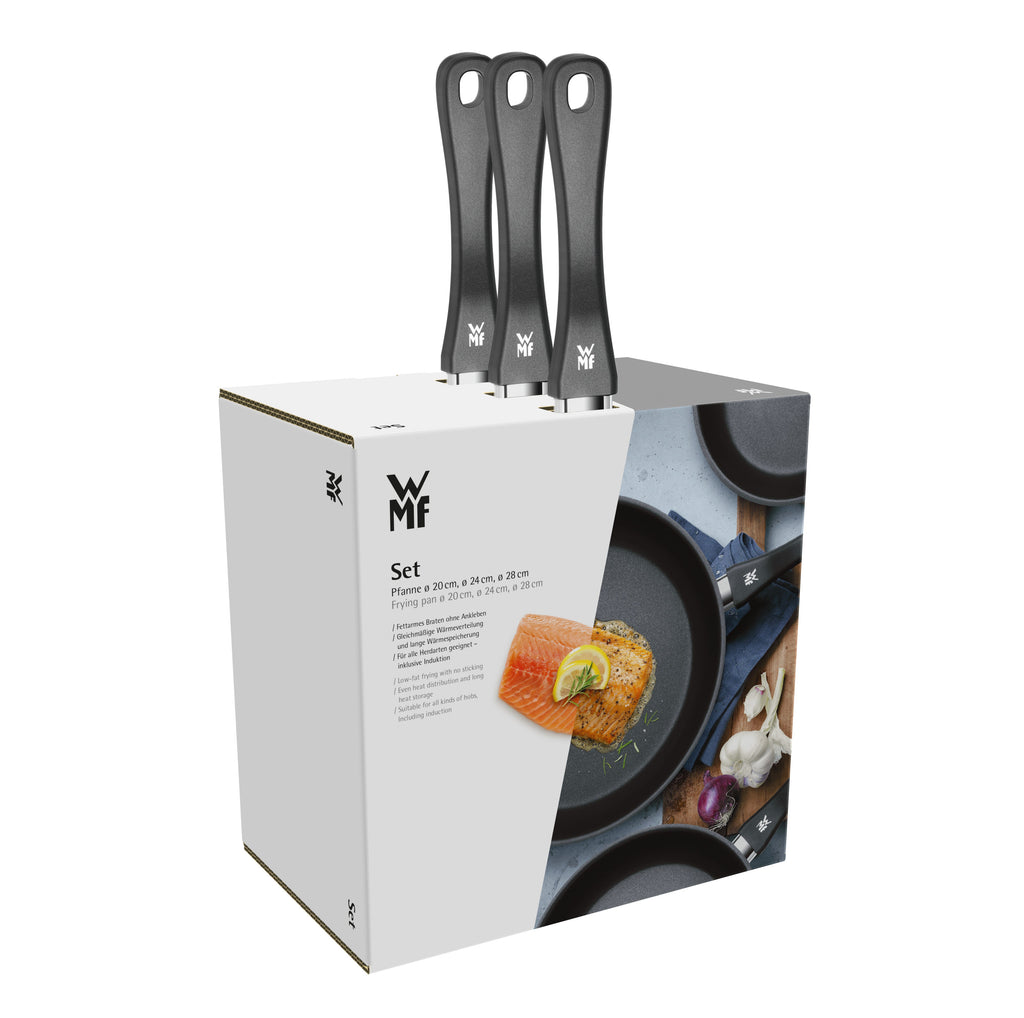 Stekepanne sett 3-delt rustfritt stål 28 cm non-stick WMF montert på komfyr