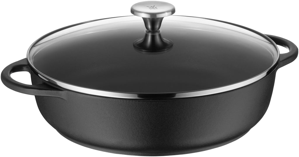 Stekepanne støpejern emaljert 28 cm med glasslokk WMF forfra