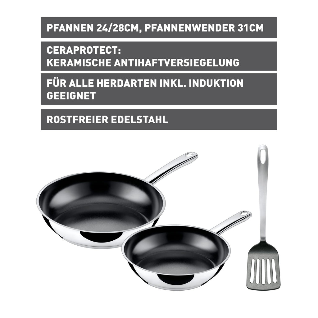 Stekepannesett 3-delt med stekespade 20 og 24 cm non-stick Silit montert på kokeplate