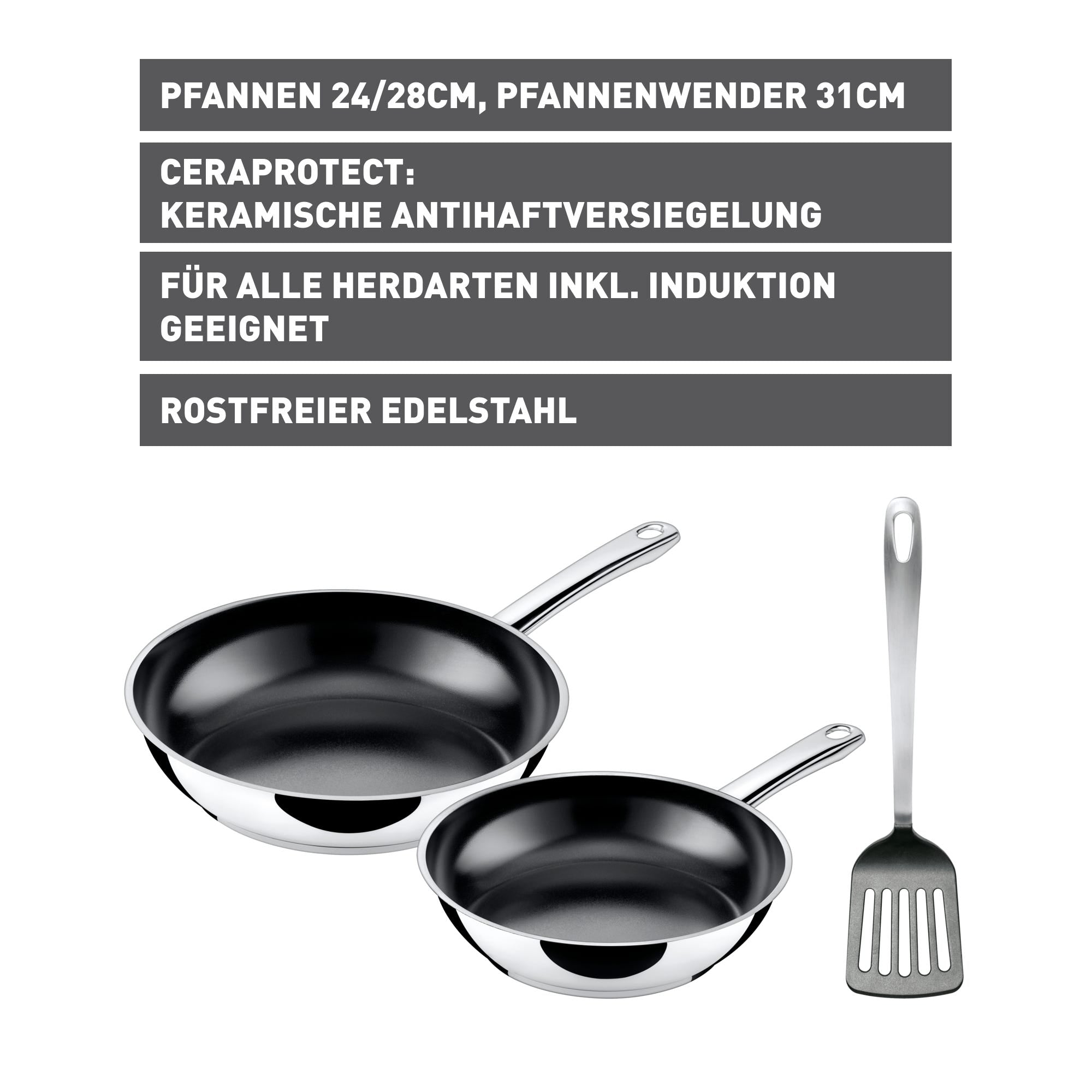 Stekepannesett 3-delt med stekespade 20 og 24 cm non-stick Silit montert på kokeplate