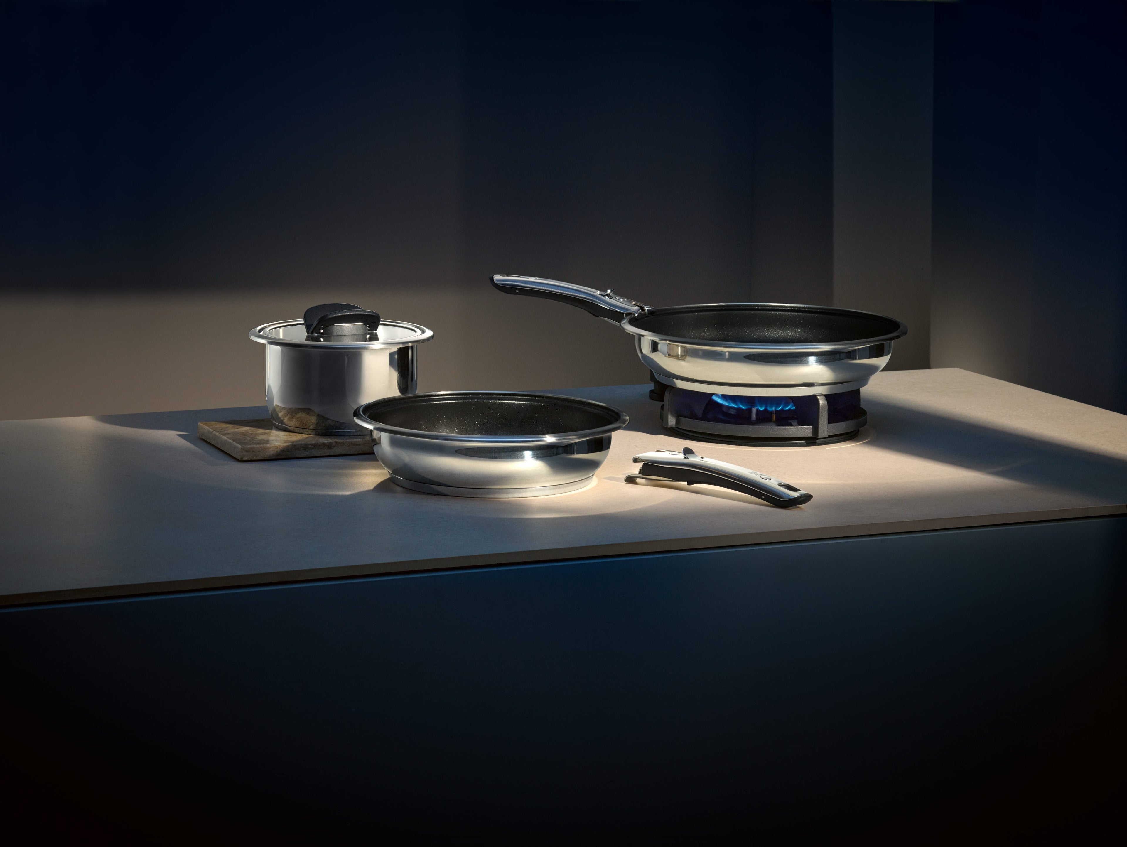 Stekepannesett 3-delt non-stick avtakbart håndtak rustfritt stål logo WMF