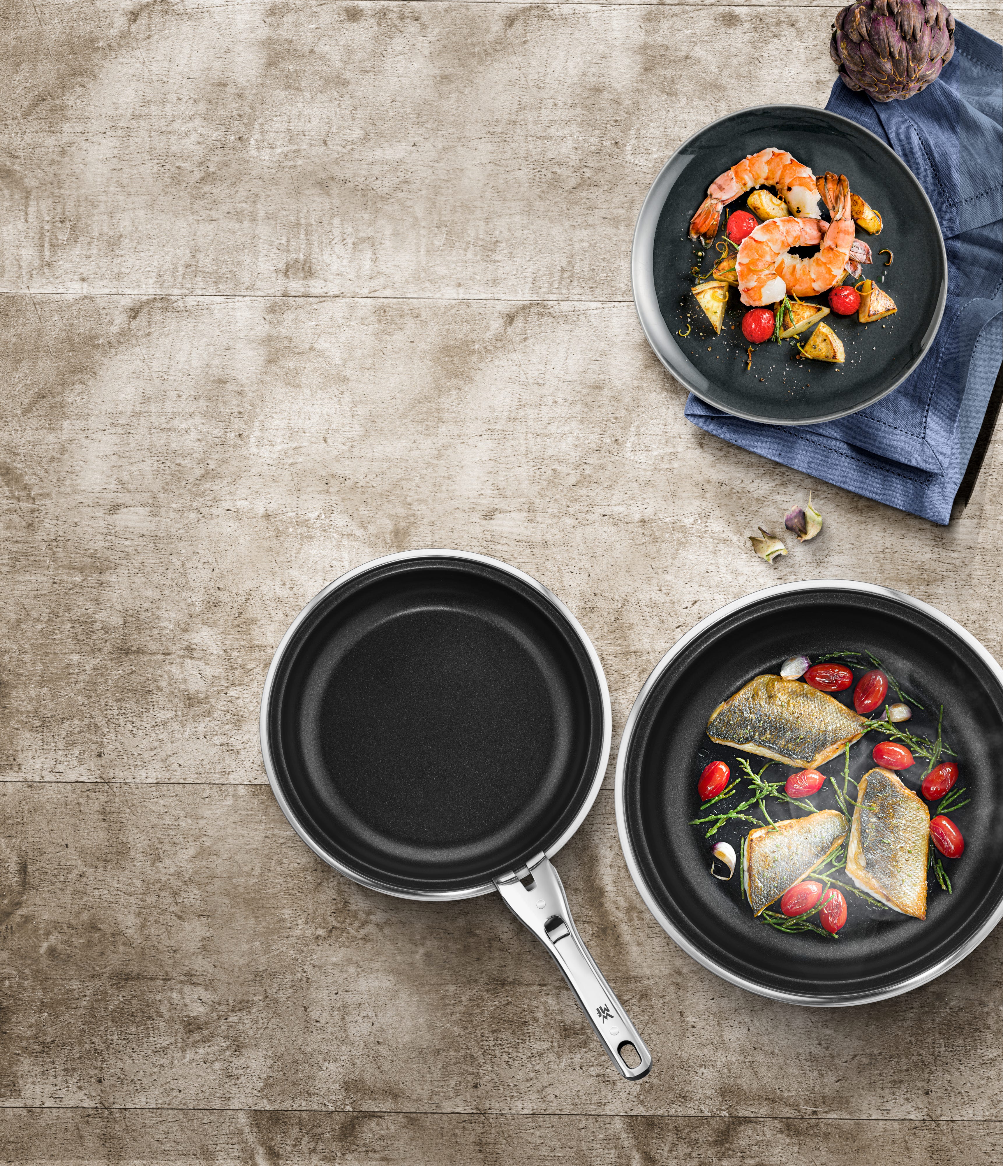 Stekepannesett 3-delt non-stick avtakbart håndtak rustfritt stål oversikt