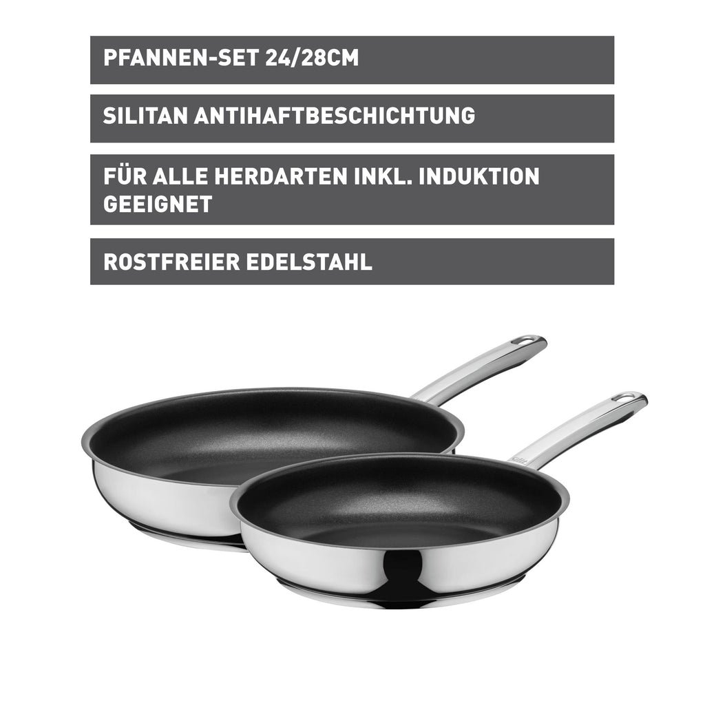 Stekepannesett Calabria 24 og 28 cm rustfritt stål non-stick i bruk på induksjonstopp