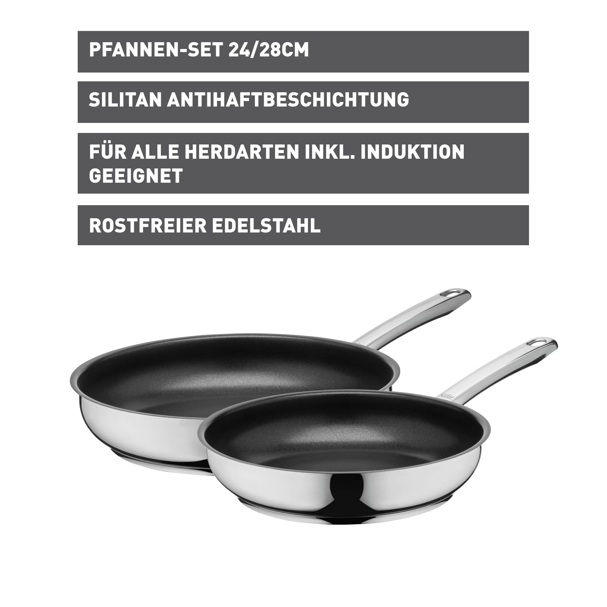 Stekepannesett Calabria 24 og 28 cm rustfritt stål non-stick i bruk på induksjonstopp