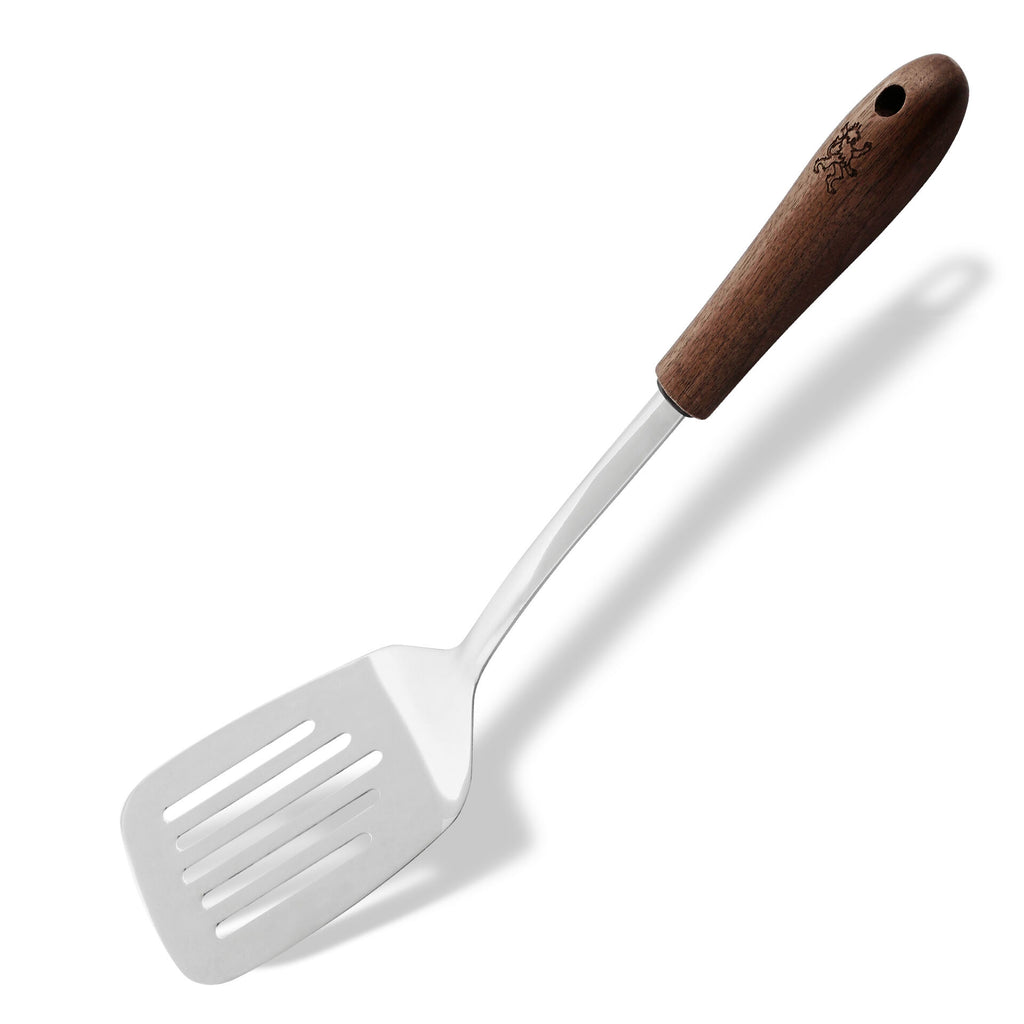 Nærbilde av rustfritt stål på stekespade med slisser 32 cm valnøttre og rustfritt stål - Stanley Rogers