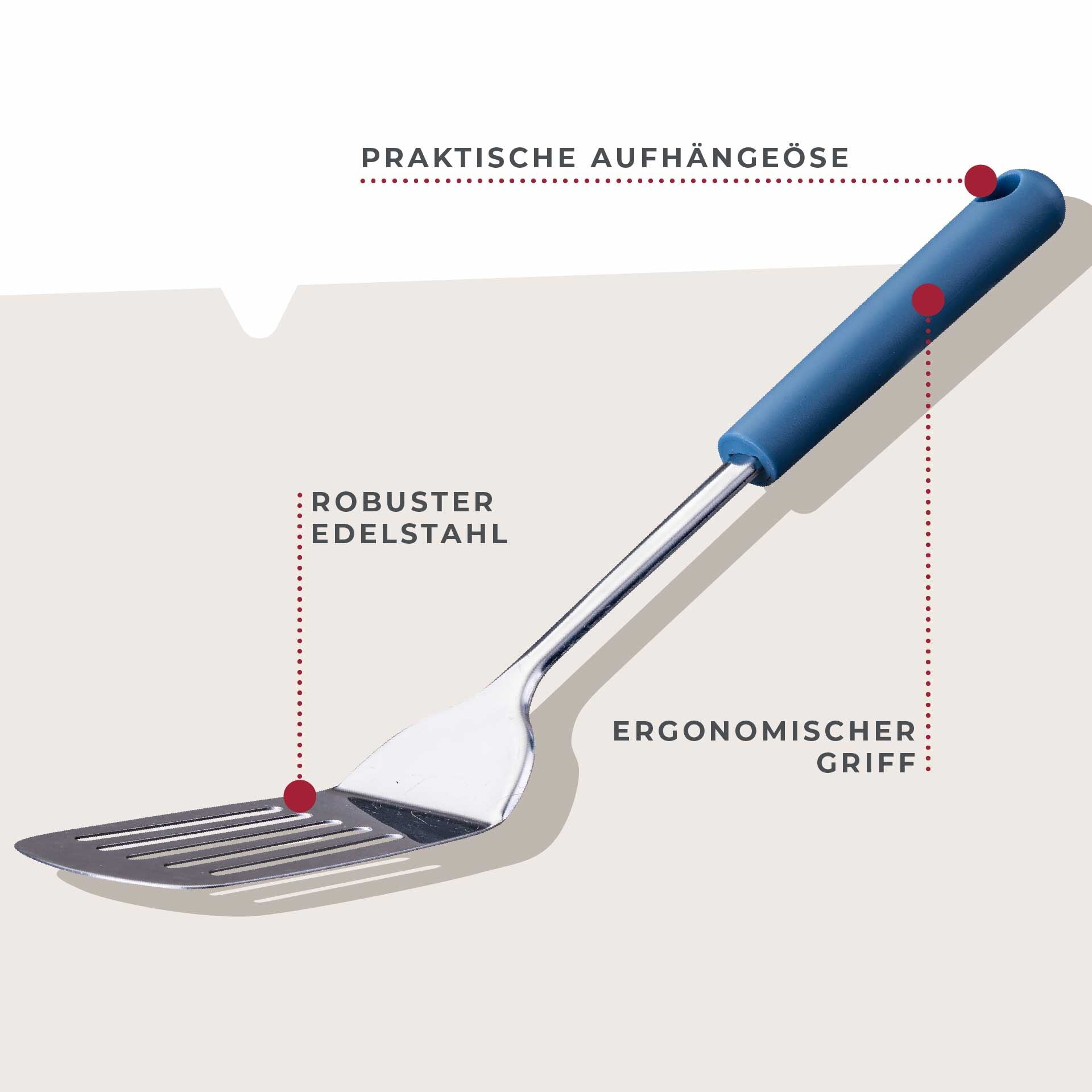 Detalj av slisser på Stekespade med slisser rustfritt stål 33 cm blå - Fackelmann