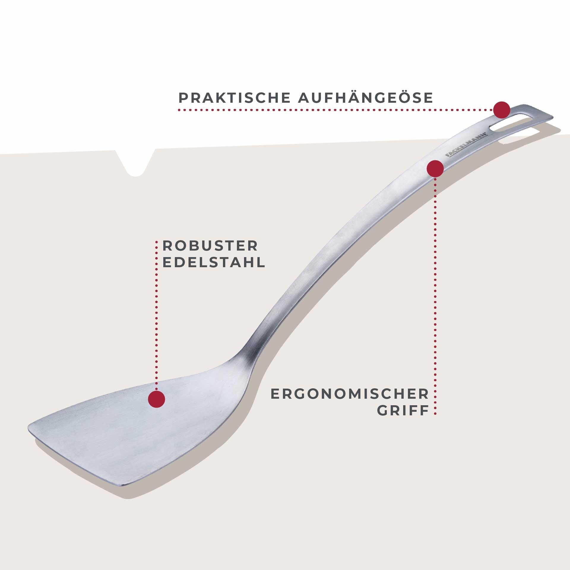 Detalj av opphengskrok på Stekespade rustfritt stål 33 cm