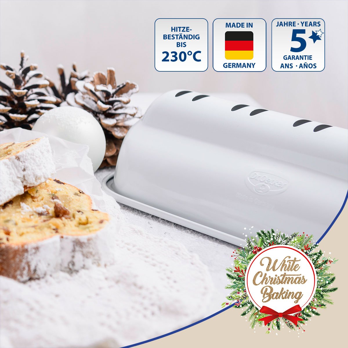 Nærbilde av innsiden i Stollenform hvit til julestollen og julebakst - Dr. Oetker