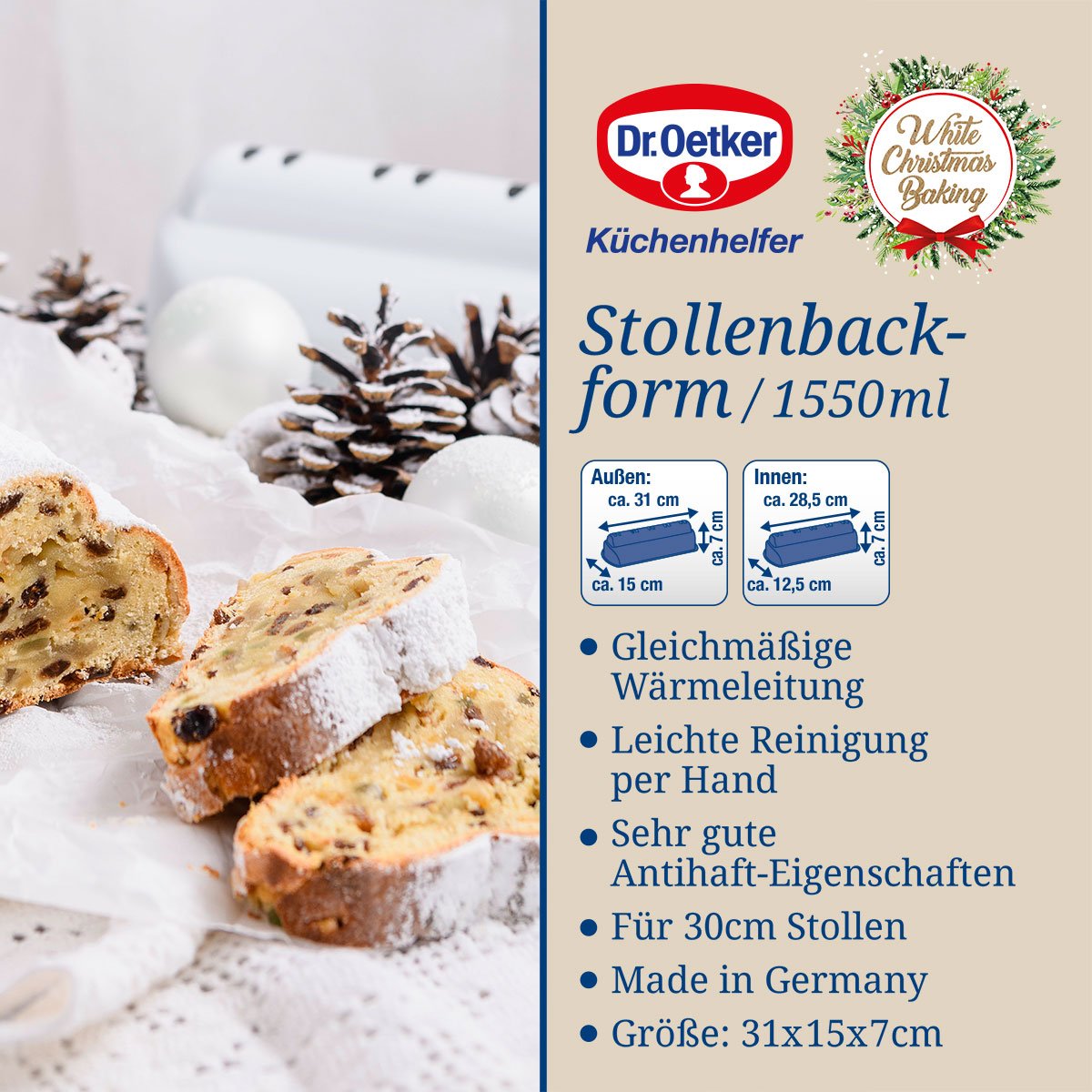 Stollenform hvit til julestollen og julebakst - Dr. Oetker sett fra siden