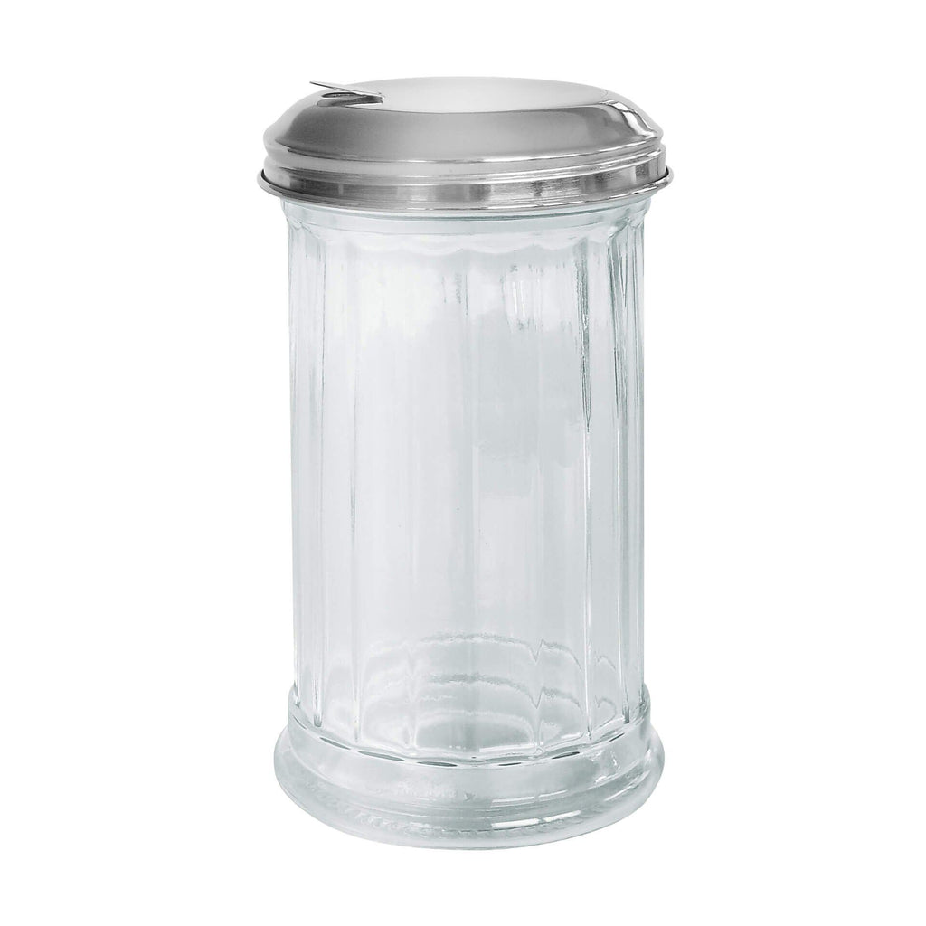 Sukkerstrøer glass med klaff og lokk i rustfritt stål 14 cm forfra