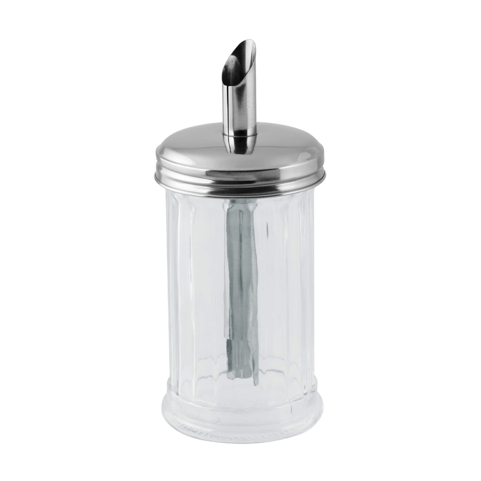 Sukkerstrøer glass med lokk i rustfritt stål 17 cm 350 ml front