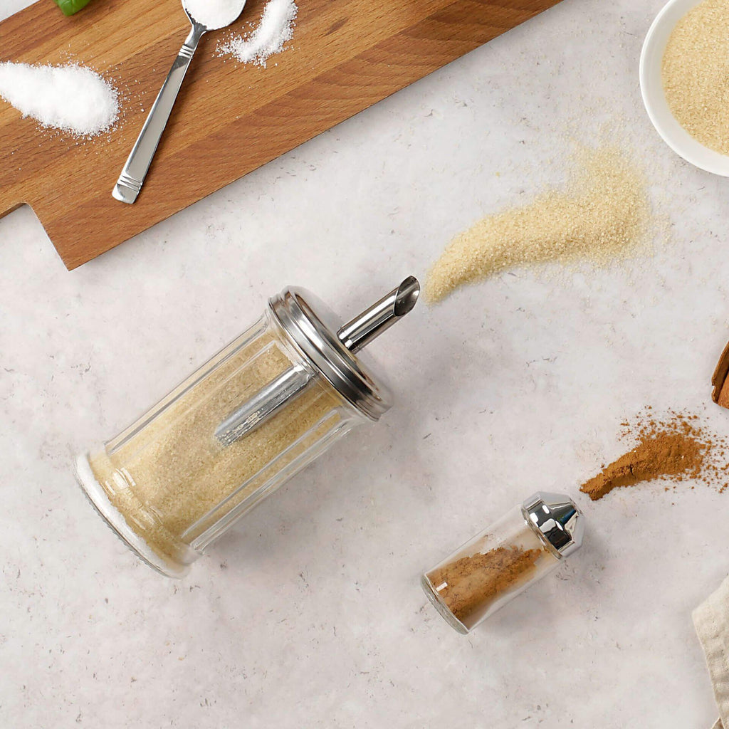 Sukkerstrøer glass med lokk i rustfritt stål 17 cm 350 ml detalj av lokk