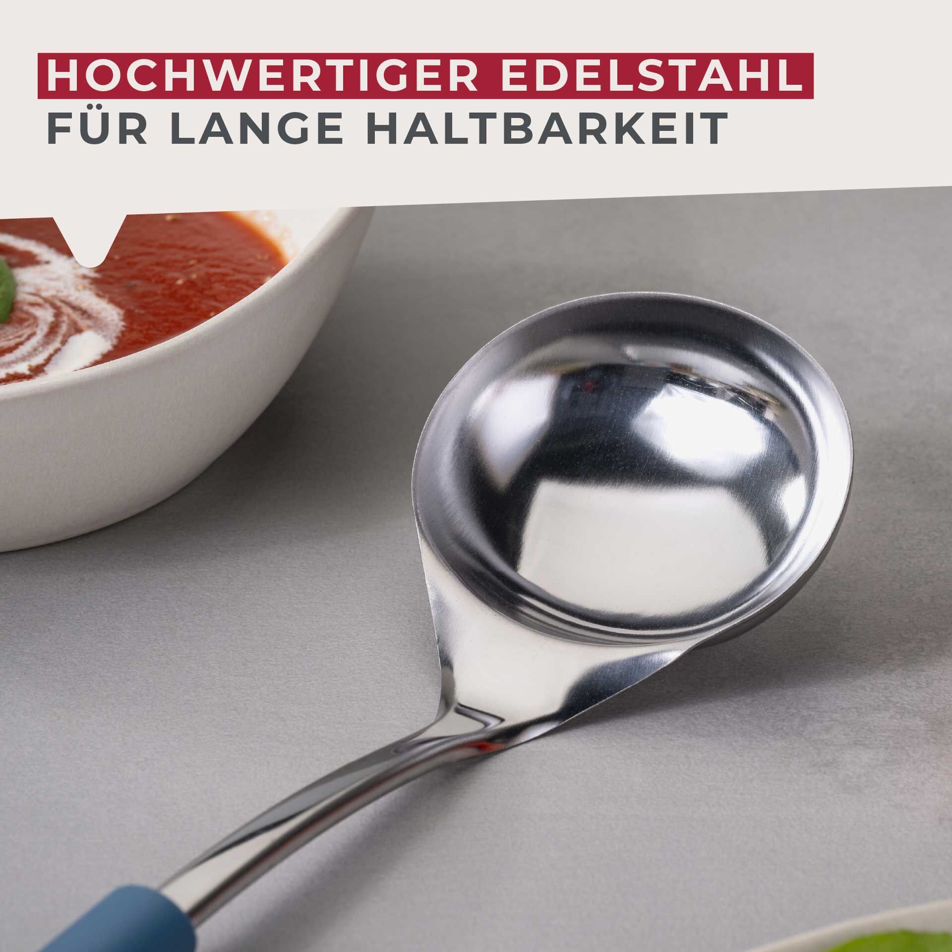 Suppøse rustfritt stål 32,5 cm blå blått grep nærbilde