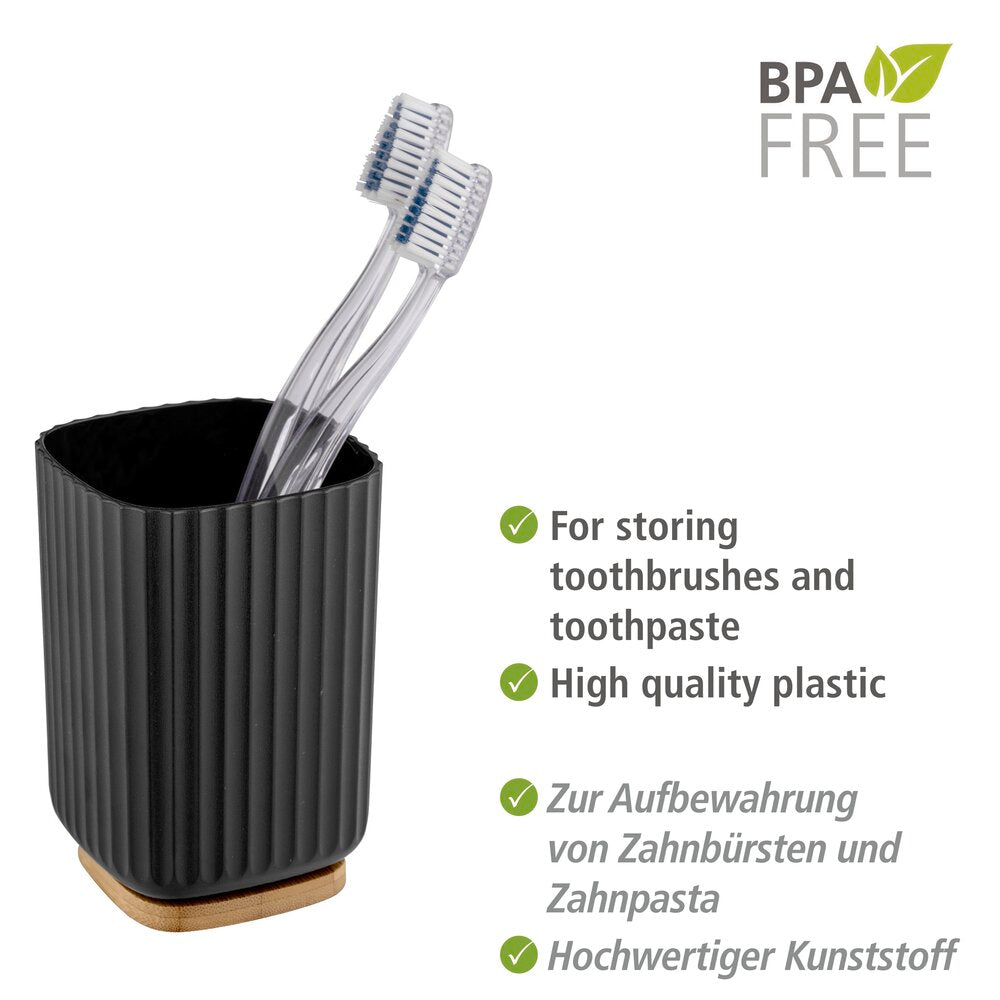 Tannbørsteholder Rotello svart plast med bambusbunn - detalj